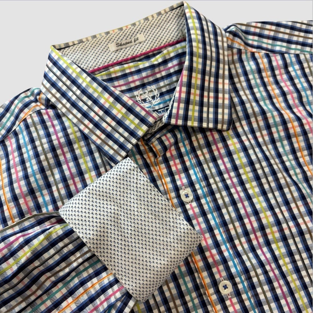 Bugatchi Uomo Men's XL Colorful Check Flip Cuff Shaped Fit Long Sleeve Button Up